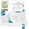 A folded white down comforter is shown with packaging and marketing labels. Produktbild-Vorschau