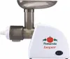 A white electric tomato press with a gray hopper and chute, set against a white background. Produktbild-Vorschau