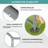 Close-up views of a grey metal frame structure, highlighting its stability features like spring clips, steel base plates, and a robust frame. Náhled obrázku produktu