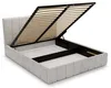 A beige upholstered bed frame with the mattress support mechanism lifted to reveal the storage space underneath. Náhled obrázku produktu