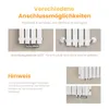 Collage of images showing different connection options for a white radiator, with accompanying text in German. Voir les images du produit