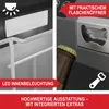 A split image showing two features of a cooler box: the LED interior lighting and a built-in bottle opener with a bottle. Produktbild-Vorschau