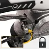 Close-up of a tile vibrator's locking mechanism, with an inset showing a detailed view of the mechanism and a yellow arrow pointing to a lock icon. Podgląd zdjęcia produktu