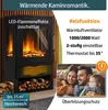 A marketing image showcasing an electric fireplace with a family enjoying its warmth, highlighting features and specifications. Produktbild-Vorschau