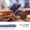 A person is holding a clear phone case over a blue smartphone. The bottom of the image shows a close-up of the phone case's edge. Produktbild-Vorschau