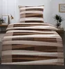 A bed with a duvet and pillow, styled with a geometric stripe pattern in brown, cream, and white. Produktbild-Vorschau