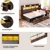 Collage of images showing details of a bed frame with storage, lighting, and a desk. Podgląd zdjęcia produktu