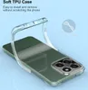 A transparent phone case is shown on a green phone against a light blue background. Produktbild-Vorschau