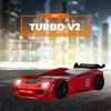 A red race car bed with a city skyline in the background. Produktbild-Vorschau