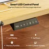 Close-up of a smart LED control panel for a height-adjustable desk, showing buttons and a digital display, with descriptive text and icons below. Voir les images du produit