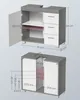 Two views of a bathroom vanity cabinet with dimensions indicated by measurement lines and text. Produktbild-Vorschau