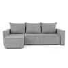 A gray sectional sofa with three back cushions and an ottoman on the left side, shown from the front against a white background.