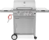 A stainless steel gas grill with side shelves and a storage cabinet. Náhled obrázku produktu