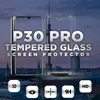 A marketing image for a Huawei P30 Pro screen protector, featuring two phone outlines and city skyline in the background. Produktbild-Vorschau