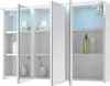 A white bathroom cabinet with mirrored doors, illuminated by LED lights. Produktbild-Vorschau