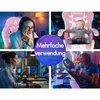 A collage of four images showing different people using a pink gaming chair, with a central graphic overlay. Podgląd zdjęcia produktu