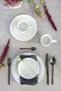 A table setting with white plates, bowls, cups, and cutlery, decorated with dried flowers and a potted plant. Produktbild-Vorschau