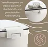 A close-up of a white food storage container with a detailed view of its lid closure system and a graphic indicating odor control. Produktbild-Vorschau