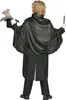 A child dressed as a magician, seen from the back, holding a stuffed rabbit in a top hat and a magic wand. Produktbild-Vorschau