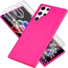 A pink phone case and two screen protectors are displayed on a white background.