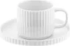 A white ceramic coffee cup and saucer set with a ribbed texture. Anteprima dell’immagine prodotto