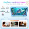 A blue tablet with a cartoon dolphin on the screen, surrounded by marketing text and feature callouts. Below are three smaller images showing different eye-comfort modes. Produktbild-Vorschau