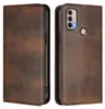 A brown leather flip case for a smartphone is shown from two angles. Produktbild-Vorschau