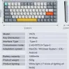 A top-down and side view of a mechanical keyboard with a table of its specifications. Produktbild-Vorschau