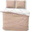 A bedding set with a beige duvet cover and two pillowcases, featuring a pattern of thin, abstract lines in white, gold, and dark brown. Produktbild-Vorschau