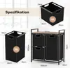 Collage of product images showing different views and dimensions of laundry baskets and a laundry sorter with shelves. Produktbild-Vorschau