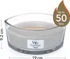 A WoodWick Fireside scented candle in a glass container, with dimensions and burn time indicated. Podgląd zdjęcia produktu