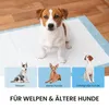 A dog is sitting on a training pad, with three smaller images of dogs below, each labeled with a size category. Produktbild-Vorschau