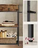 A collage showing details of a narrow console table, including its wooden drawer, a close-up of the metal frame, and adjustable feet. Náhled obrázku produktu