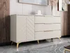 A modern sideboard with a herringbone patterned door and three drawers, set against a neutral background with wood paneling and a framed artwork. Náhľad obrázku produktu
