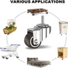 A collage showing various applications for casters (wheels), including a pallet, a planter, a shopping cart, a laundry hamper, a nightstand, and a bed frame. The central image is a close-up of a caster. Produktbild-Vorschau