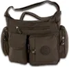 A brown nylon handbag with multiple pockets and zippers.