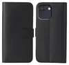 A black flip case for a smartphone is shown open, displaying the inside of the case and the back of the phone with its camera. Produktbild-Vorschau