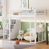 A child's bedroom with a white loft bed, desk, and storage stairs, featuring a teddy bear and a chair. Podgląd zdjęcia produktu