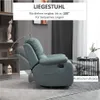 A recliner chair is shown in a living room setting, with text overlays highlighting its features. Podgląd zdjęcia produktu