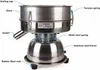 A stainless steel electric vibrating sieve machine with labels pointing to its various parts. Náhled obrázku produktu