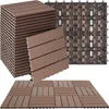 A stack of brown composite wood deck tiles and a few laid out in a pattern, with a close-up of the interlocking base of a tile in the background. Produktbild-Vorschau