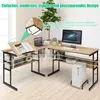 An L-shaped desk with a computer, laptop, books, and a plant, set in a room with wooden floors. Produktbild-Vorschau