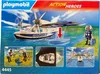 The image shows the packaging of a Playmobil police seaplane toy set, featuring the seaplane in action on water, along with figures and accessories. Produktbild-Vorschau