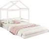 A white wooden house-shaped bed frame with a mattress and bedding. Voir les images du produit