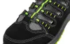 Close-up view of the toe and lacing area of a black safety shoe with neon green accents. Podgląd zdjęcia produktu