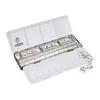 An open metal tin of watercolor paints with multiple paint pans inside and a palette area. Produktbild-Vorschau