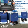 A blue foldable trolley is shown in different states of use and folded, next to a car trunk filled with items. Anteprima dell’immagine prodotto