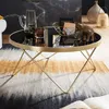 A modern coffee table with a black glass top and gold metal legs, set on a patterned rug in a living room. Náhľad obrázku produktu