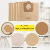 A stack of brown paper vacuum cleaner bags with various close-up shots of materials and a round filter. Produktbild-Vorschau