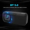 A black portable speaker with blue accents and text overlays highlighting its features. Produktbild-Vorschau